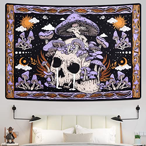 Uspring Mushroom Skull Wall Tapestry - Skeleton Leaves Hippie Large Purple for Bedroom, Wall Hanging (59.1 x 82.7 inches)