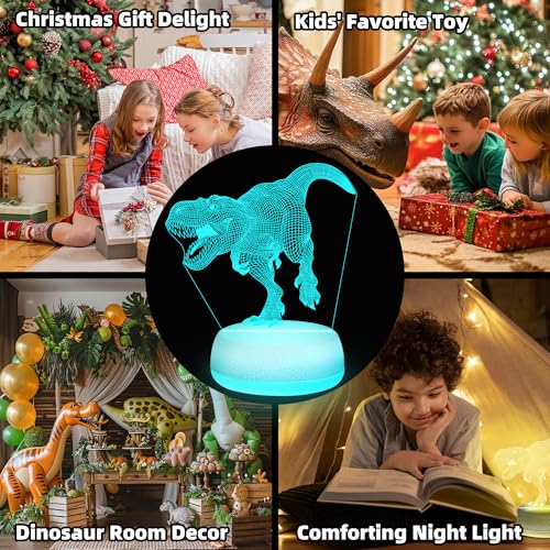 Dinosaur Night Light - 3D Acrylic 16 Color Changing Lamp with 3 Dino Patterns Remote Control, Kids Gift for Birthday Christmas