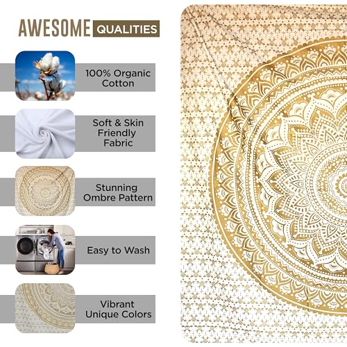 raajsee Top Selling Original Gold Mandala Ombre Tapestry Wall Hanging, Boho Bohemian Hippie Tapestries/Indian Cotton Dorm Decor Golden Twin Bedspread/Meditation Yoga Mat Rug 52x60 inches