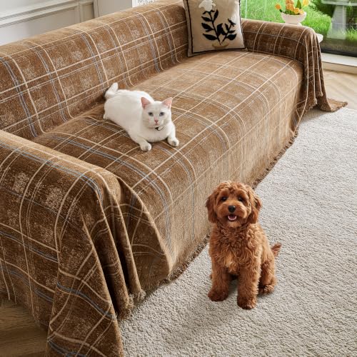 Couch Cover for Dogs Washable Sofa Cover, Sectional Couch Covers, Sofa Covers for 2 Cushion Couch, Non Slip Stripe Sofa Slipcovers Furniture Protector (Brown Checkered 71x134)