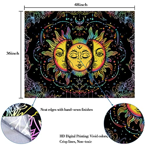 Lifeella Blacklight Sun and Moon Tapestry, UV Reactive Burning Sun Tapestries Glow in Dark Aesthetic Mystic Wall Hanging Colorful (Mutil, 36"×48" (90×120cm))