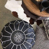 Genuine Leather Moroccan Ottoman Unstuffed Round Pouf - Black Color