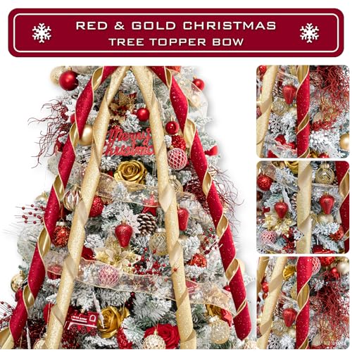 Hismir Christmas Tree Topper Bow, 53x13 Inches Large Christmas Bow with Glitter Streamer, Decorative Ribbon Bows for Xmas Tree Wreath Door Festival Home Decor(Red & Gold)