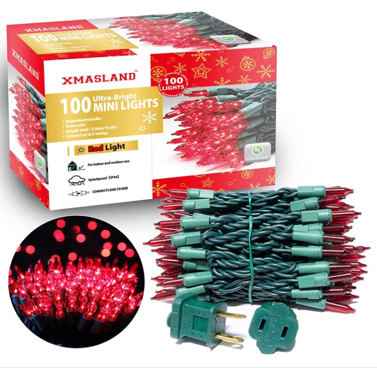 Ultra-Bright Connectable RED Christmas Light Set 100 Count 19.6Feet Incandescent Bulb Mini String Light for Indoor Outdoor Christmas Tree Garland Wedding Garden Holiday Party Festival Decor