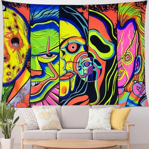 ARTCREATOR Black Light Art Halloween Wall Decor Trippy Blacklight Horror Face Tapestry, UV Reactive Tapestries Glow in The Dark Party Tapestry for Bedroom, Living Room (29" x 37")