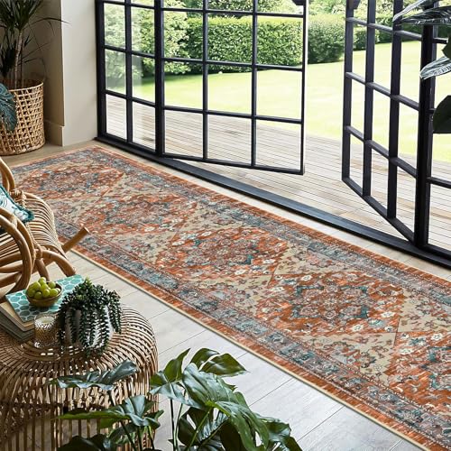 Runner Rug for Hallways Non Slip Washable Boho 2’6”x12 Hallway Low Pile Throw Rugs Vintage Carpet Runners for Entry Way, Kitchen, Laundry Room, Bathroom