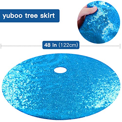 yuboo Turquoise Teal Christmas Tree Skirt, 48 Inch Blue Sequin Double Layers Tree Mat for Christmas Decorations