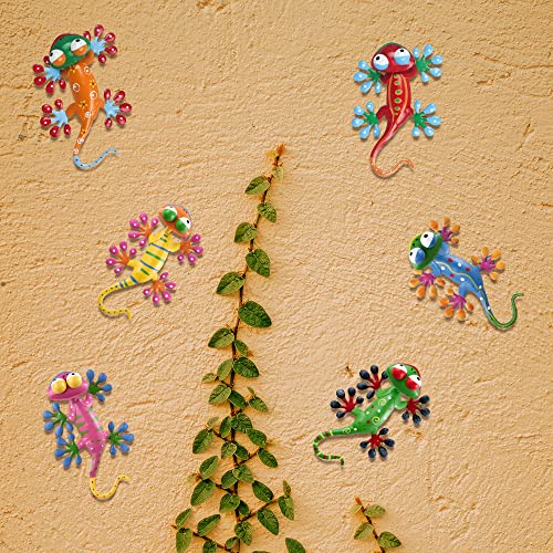 YEAHOME 6 Pack Metal Geckos Inspirational Wall Art, Mexican Outdoor Wall Decor with Shaking Head, Lizard Wall Sculptures & Statues for Farmhouse, Porch, Patio, Lawn, Fence