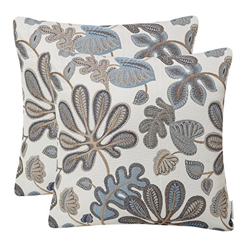 Mika Home Set of 2 Jacquard Tropical Leaf Pattern Throw Pillow Covers Decorative Pillowcase 20x20 Inches, Blue Cream
