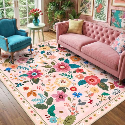 RELEANY Floral Washable 4x6 Area Rugs Pink