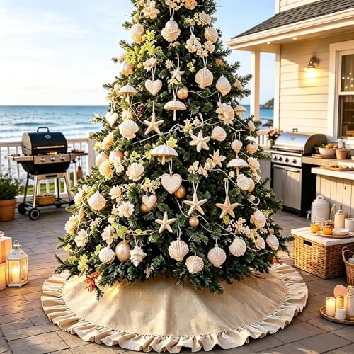Summer Burlap Tree Skirt 48'', Large Tree Skirt with Ruffle Border, Rustic Farmhouse Decorations Tree Ornaments, Brown Linen Tree Mat for Wedding Boho Coastal Holiday Party Decor