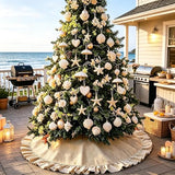 Summer Burlap Tree Skirt 48'', Large Tree Skirt with Ruffle Border, Rustic Farmhouse Decorations Tree Ornaments, Brown Linen Tree Mat for Wedding Boho Coastal Holiday Party Decor