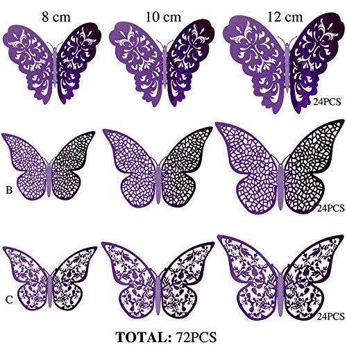 Bememo 72 Pieces 3D Butterfly Wall Decals Sticker Decal Wall Decor Art Decorative Sticker 3 Sizes for Room Offices Bedroom Bathroom Living Room Decor(Purple)