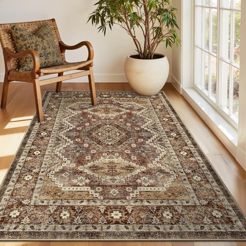 Rugland 3x5 Area Rug Non Slip Rug, Vintage Washable Entryway Rug, Rust