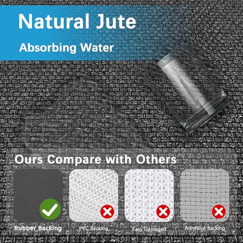12ft Natural Jute Kitchen Rug Non Slip Washable, Rubber Backed Hallway Carpet Runner, Absorbent Laundry Room Runner Mat