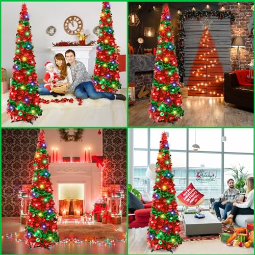 5Ft Pop Up Christmas Tree with Lights, Collapsible Pencil Tree Red Green, Skinny Christmas Tree Slim Xmas Tree, Artificial Tinsel Tree Foldable for Home Apartment Holiday Party Winter Decor