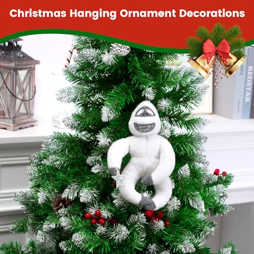 Christmas Tree Topper Abominable Snow Monster Ornament, Poseable Handmade Abominable Chimpanzees Hugger with Star, Can be Hung Snowman Tree Topper Xmas Decorations (White)