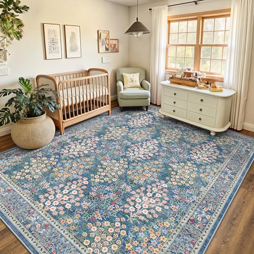 9x12 Large Area Rugs, Machine Washable Low Pile Floral Rugs for Living Room, Bedroom, Boho Style with Non-Slip Backing Nursery Rug(Blue Floral)