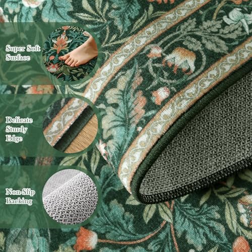 Kitchen Runner Rugs Washable, Boho Floral Hallway Runner Rug 8ft, Botanical Birds Indoor Floor Carpet for Entryway Laundry Bedroom Bedside, Dark Green