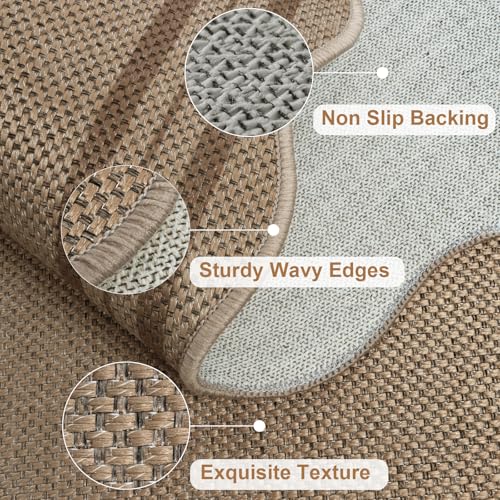 Easy Jute Front Door Mat, 2.6x4 Washable Entryway Rug Non Slip Small Kitchen Rug, Farmhouse Low Pile Floor Scalloped Rugs for Bathroom Porch Doorway