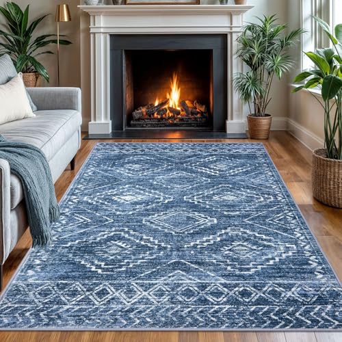 Area Rug 4'x6' Entryway Rug Washable Rug, Stonewashed Blue