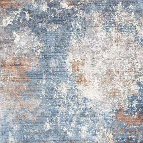 Square Rug 3x3 for Entryway Washable – Non-Slip Small Throw 3ft Area Rug for Kitchen Bathroom – Modern Neutral Abstract Soft Low-Pile Indoor Carpet (Blue Rust, 3ft)
