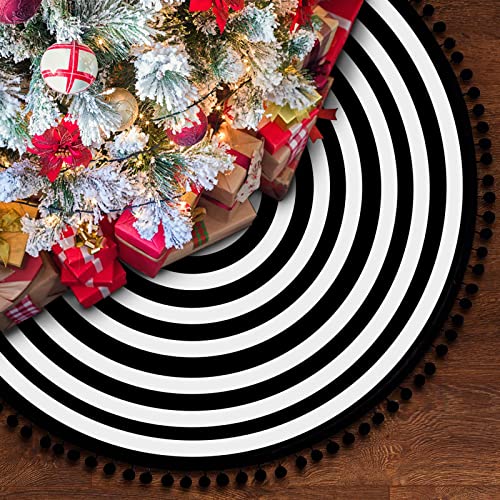 MACTING Christmas Black and White Tree Skirt, 30 Inch Annual Rings Tree Mat with Pom Poms for Xmas Tree Halloween Indoor Home Holiday Party Christmas Decorations
