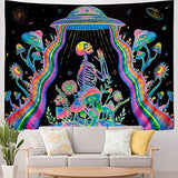 Galoker Blacklight Skeleton Tapestry Fantasy Plant Floral Tapestries UV Reactive Alien UFO Tapestry Galaxy Space Tapestries Wall Hanging for Home Decor(H51.2×W59.1 inches)