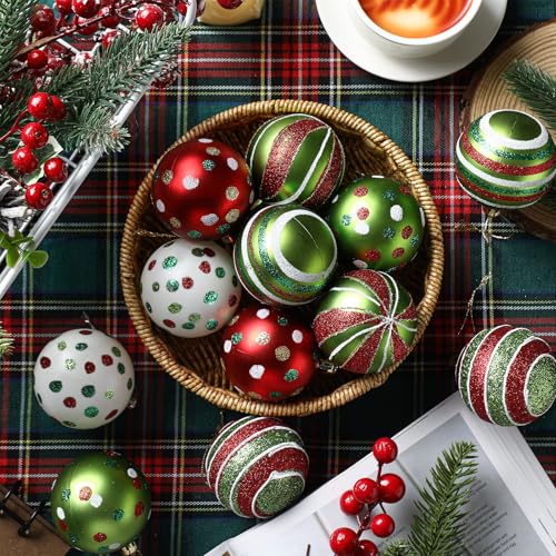 Liliful 12 Pcs 2.4 Inch Christmas Ball Ornaments Glittering Plastic Hanging Decorations Elf Balls Swirl Candy Cane Peppermint Red and Green Christmas Tree Pendants for Xmas Tree Decoration