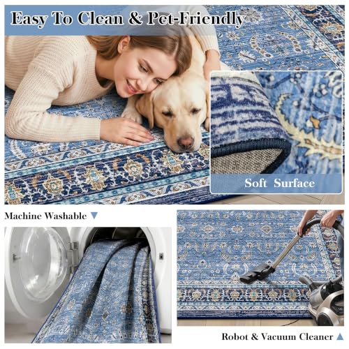 Blue Farmhouse Area Rugs 8x10, Washable Upgraded Non-Slip Living Room Rug, Vintage Distressed Floral Print Pattern Low Pile Carpet for Bedroom, Dining Room, Home Office, Kitchen, Blue Multi