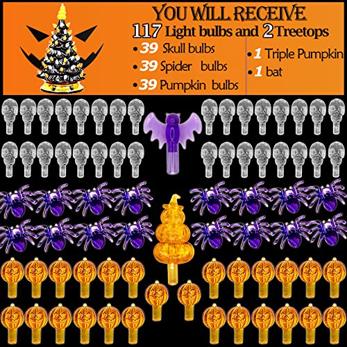 117Pcs Replacement Lights Bulbs/Tree Pegs for Halloween Ceramic Trees Including Skull/Pumpkin Head/Spider & 2Pcs Themed Tree Tops (Including Bat/Triple Pumpkin)