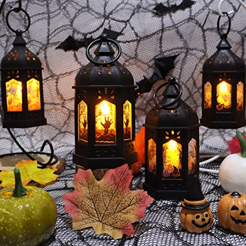 5" Halloween Mini Lanterns for Halloween Table Centerpiece, Small Lantern Decorative Indoor with Pattern Glass for All Saints' Day Party Decor, 8 Pack Hanging Candle Holder Ornaments, Pure Black