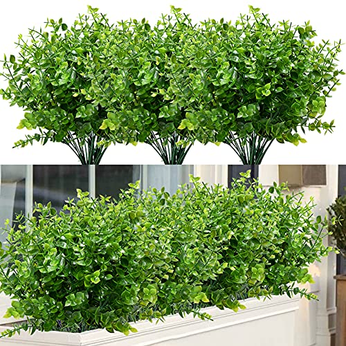 8 Bundles Outdoor Artificial Boxwood UV Resistant Fake Stems Plants, Faux Plastic Greenery for Indoor Outside Hanging Plants Garden Porch Window Box Home Wedding Farmhouse Décor