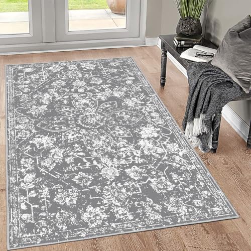 Pauwer Vintage Area Rug 3x5, Non Slip Distressed Entry Throw Rug, Grey