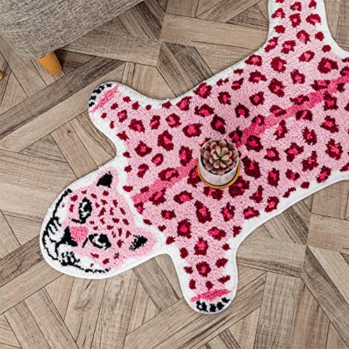 ZSCYD-yingda1992 Leopard Shaped Animals Bath Mat Non-Slip Bathroom Door Mat for Bedroom Bathroom Kitchen Cartoon Area Rug for Tub Soft Bathtub Home Decor Pink
