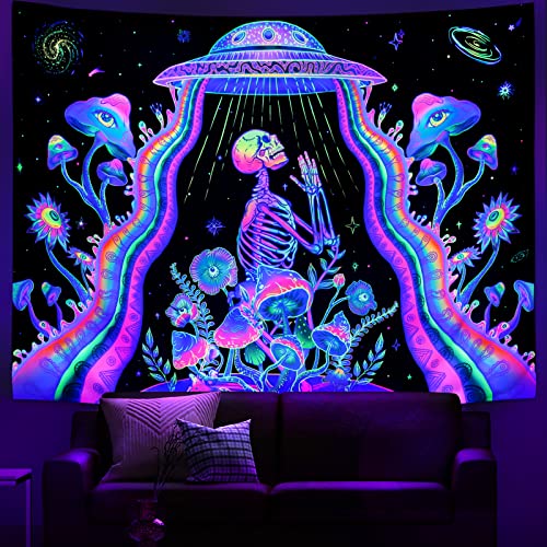 Galoker Blacklight Skeleton Tapestry Fantasy Plant Floral Tapestries UV Reactive Alien UFO Tapestry Galaxy Space Tapestries Wall Hanging for Home Decor(H51.2×W59.1 inches)