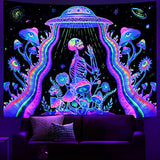 Galoker Blacklight Skeleton Tapestry Fantasy Plant Floral Tapestries UV Reactive Alien UFO Tapestry Galaxy Space Tapestries Wall Hanging for Home Decor(H51.2×W59.1 inches)