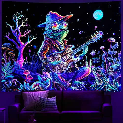 Galoker Blacklight Frog Tapestry Fantasy Neon Mushroom Tapestries UV Reactive Plant Floral Wall Tapestry Galaxy Space Tapestries Wall Hanging for Home Decor(H51.2×W59.1 inches)