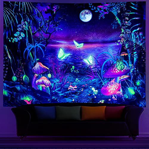 Serborlur Blacklight Fantasy Forest Moon Tapestry UV Reactive Neon Mushroom Butterfly Wall Hanging Galaxy Space Wall Tapestries Aesthetic Nature Landscape Backdrop for Bedroom Living Room Decor (51.2 × 59.1 inches)