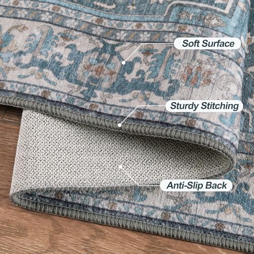 Tangsoo Vintage 4x6 Washable Area Rug for Living Room, Non Slip Rug Blue