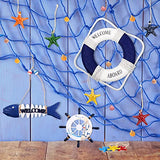 Marsui 11 Pcs Wooden Nautical Wall Decor Fishing Net Decorations, Include Decorative Fishing Net, Ship Wheel, Fish Skeleton, Life Ring, Anchor, Starfish Beach Decor for Mediterranean Party (Blue)