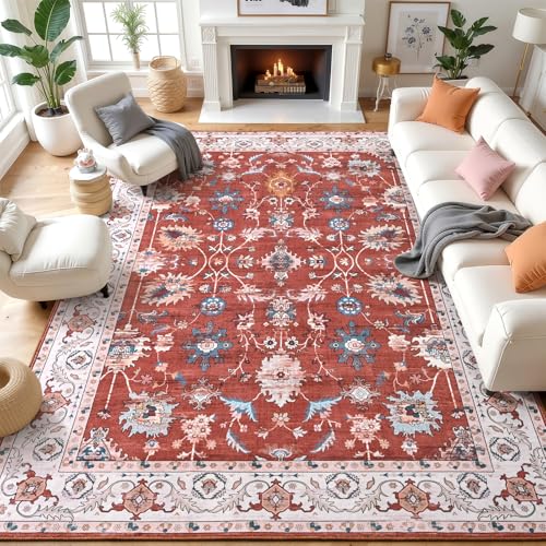 8x10 Area Rugs for Living Room, Washable Rug Vintage Floral, Red