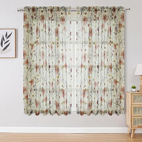 OWENIE Crushed Sheer Curtains 63 Inches Length 2 Panels Set, Sheer Floral Curtians with Printed Design, Printing Drapes on Sheers for Living Room, Rod Pocket Light Filtering Window Sheers 42" W x 63"L