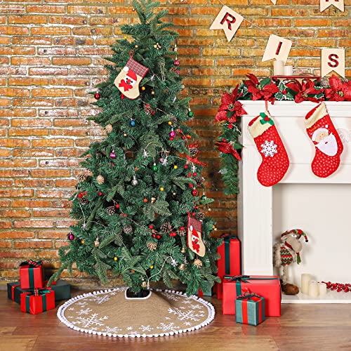 MACTING Christmas Tree Skirt, 30 Inch Small Burlap Tree Mat with White Large Small Snowflake Patterns Pom Poms for Holiday Party Indoor Home Christmas Tree Decorations