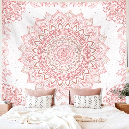 Apdidl Pink Boho Wall Tapestry for Bedroom, Mandala Hippie Cute Floral Tapestries Teen Girl Room Decor, Bohemian Pink and White Poster Wall Hanging Art Aesthetic for Living Room Dorm 51"X60"