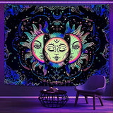 Lifeella Blacklight Sun and Moon Tapestry, UV Reactive Burning Sun Tapestries Glow in Dark Aesthetic Mystic Wall Hanging Colorful (Mutil, 36"×48" (90×120cm))