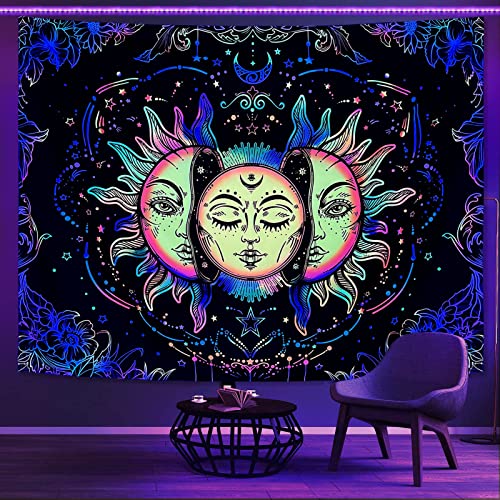 Lifeella Blacklight Sun and Moon Tapestry, UV Reactive Burning Sun Tapestries Glow in Dark Aesthetic Mystic Wall Hanging Colorful (Mutil, 36"×48" (90×120cm))