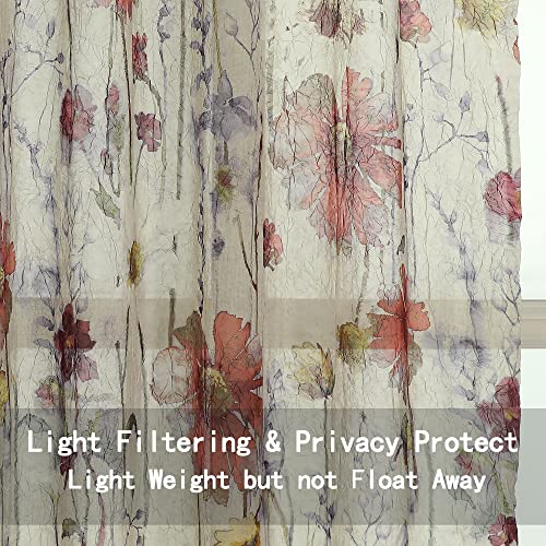 OWENIE Crushed Sheer Curtains 63 Inches Length 2 Panels Set, Sheer Floral Curtians with Printed Design, Printing Drapes on Sheers for Living Room, Rod Pocket Light Filtering Window Sheers 42" W x 63"L