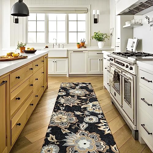 Lahome Floral Washable Runner Rug - 2x6 Runners for Hallways Non-Slip Low-Pile Kitchen Rug, Black Paisley Print Carpet for Laundry Bedroom Entryway （(2’X 6’, Blacak)