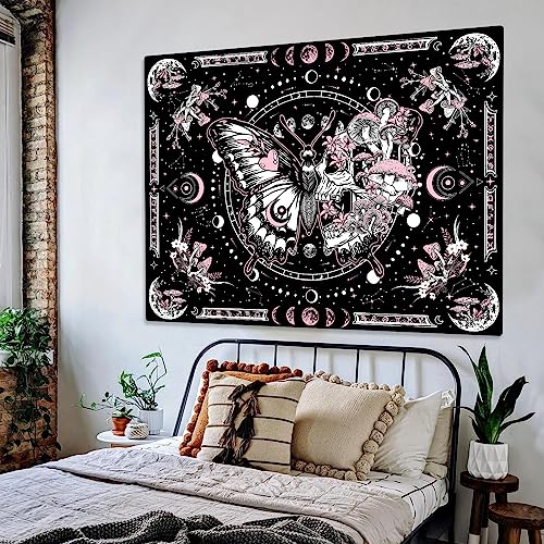 Fungarth Skeleton Butterfly Tapestry Pink Skull Hippie Mushroom Plants Tapestry for Bedroom Moon phase Aesthetic Tapestries Wall Hanging for Living Room Dorm (Pink, 48” x 36”)